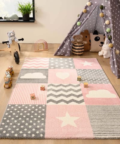 Kindervloerkleed blokken - Adventures roze/grijs 120x170