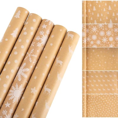 Dailygoods - 5 rollen kerstcadeaupapierrol 43cm x 3m lang gerecycled bruin kerstcadeaupapierrollen, ECO kraftpapier cadeaupapier voor kerstcadeaus kinderen volwassenen cadeau ambachten inpakpapier