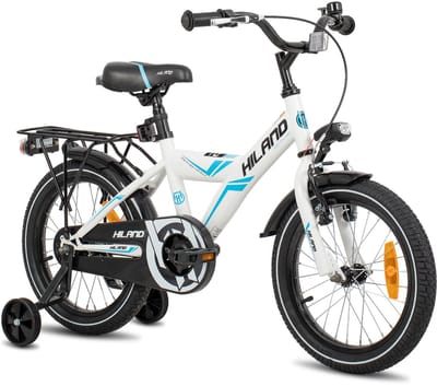 Hiland Kinderfiets voor Jongens - 16 / 18 Inch - Met Bagagedrager & Zijwieltjes - Handrem & Terugtraprem - Vanaf 5-8 Jaar - Geschikt voor buitenactiviteiten in de lente