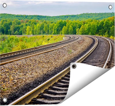 Gards Tuinposter Rails Spoorwegen in een Bocht - 50x40 cm - Tuindoek - Tuindecoratie - Wanddecoratie buiten - Tuinschilderij