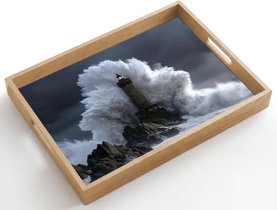 Dienblad hout 50x35 cm - Schootdienblad - Golf - Vuurtoren - Schuimend water - Borrelplank rechthoek - Plateau dienbladen