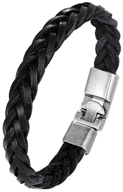 Armband Heren - Zwart Leer - Vintage Stijl - Dik Gevlochten Leder met Stalen Sluiting - Armbanden - Papa Cadeau Voor Mannen - Vaderdag