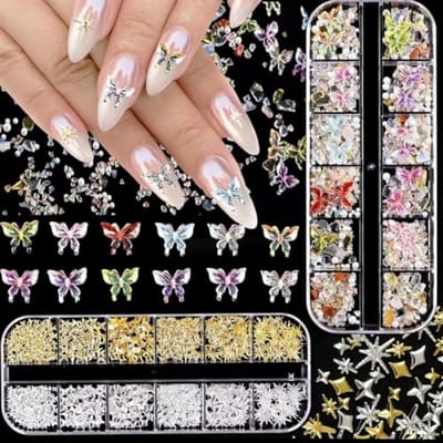 Nagelversiering set met vlinders en sterren - 12 kleuren 3D decoraties voor manicure