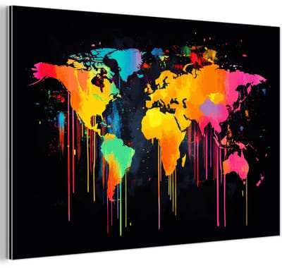 Aluminium schilderij 90x60 cm - Wanddecoratie metaal - Wereldkaart - Verf - Kleurrijk - Graffiti - Wereld - Metalen muurdecoratie woonkamer - Decoratie industrieel - Foto op dibond - Industriële accessoires slaapkamer