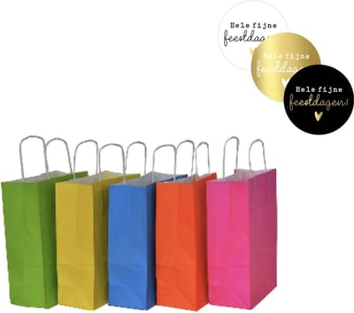 50 x kleine papieren cadeautasjes 18x8x22 cm MIX 2 verschillende kleuren+ stickers « Hele fijne feestdagen » Kersttassen met handvat Kersttasje rood roos groen blauw geel Kerst verpakking draagtassen