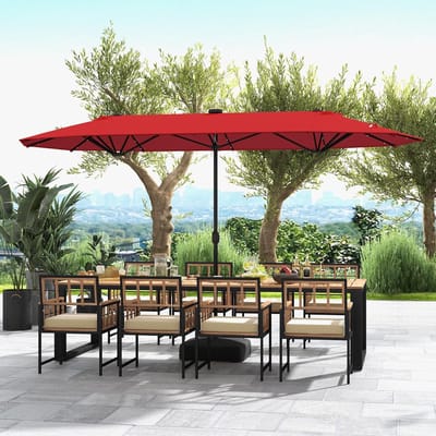 Dubbele Parasol 400x200 cm XXL met LED Verlichting & Standaard – 36 LED’s, UPF 50+, Waterafstotend, Met Zwengel & Ventilatie – Grote Tuinparasol voor Terras, Markt & Zwembad – Wijnrood – Mobili Bella