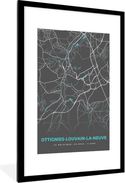 Fotolijst incl. Poster - België – Ottignies Louvain la Neuve – Stadskaart – Kaart – Blauw – Plattegrond - 80x120 cm - Posterlijst