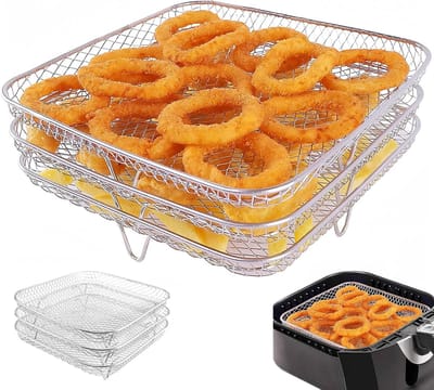 Triple Air Fryer Rack - 20.8 x 20.8 x 9.5 cm, RVS, Stapelbare Racks voor Airfryer, Grill en Bakken, Keukenaccessoires