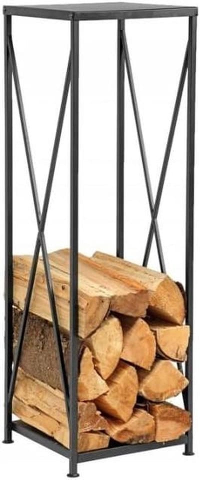 Brandhoutrek - Houtopslag mand - Haardhout bewaren - Gepoedercoat staal - 34 x 33 x 112 cm - Zwart