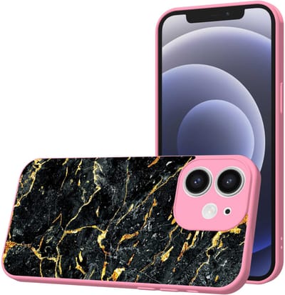 Smartphonica Telefoonhoesje Geschikt voor iPhone 12 met Zwart Goud Marmer opdruk - TPU Back Cover Case Black Gold Marble Design - Roze geschikt voor iPhone 12