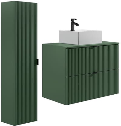 Vente-unique Zwevend badkmaermeubel geribbeld met vierkante opzet wastafel en kolomkast - Mat groen - 80 cm - ZEVINI