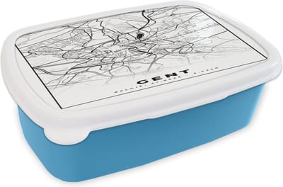 Broodtrommel Blauw - Lunchbox - Brooddoos - Stadskaart – Plattegrond – België – Zwart Wit – Gent – Kaart - 18x12x6 cm - Kinderen - Jongen
