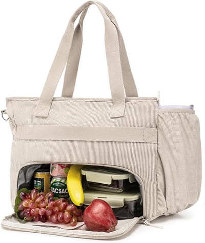 Werktas Voor Dames met Geïsoleerd Lunchvak, 12 Vakken, Grote Corduroy Shopper, 15,6 inch Laptoptas, Multifunctionele Tas Voor Werk, School en Reizen