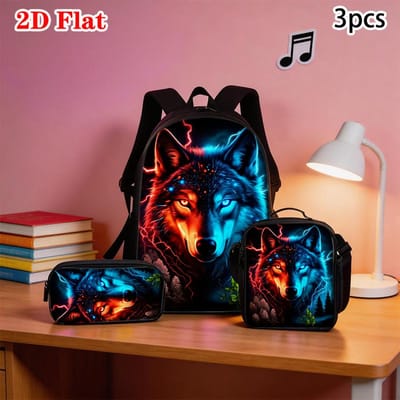 3 stuks Wolf Patroon Rugzak Set Lichtgewicht Grote Capaciteit Schooltas Reistas met Schoudertas Etui Kinderen Perfect Cadeau brown