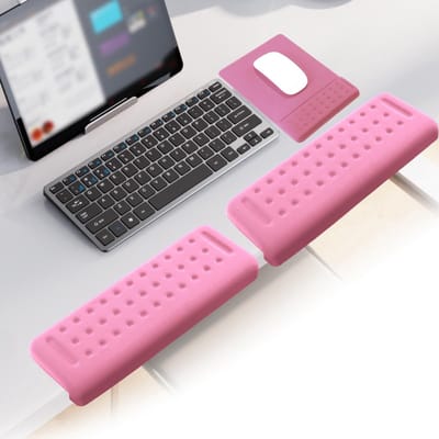 Dailygoods - TWSOUL 2 stuks L-vormige bureaurandrest + 1 stuks muismat met handsteun, elleboogsteun voor kantoren, polssteun, traagschuimkussen voor tafelrand, muis polssteun (3 roze)