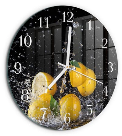 Tulup Wandklok - Citroenen Glazen Klok Met Print - 30fi cm - Geel Moderne Glazen Wandklok - Witte Handen - Ronde Wandklok - Wandklok Glas Met Motief - Decoratieve Glazen Klok