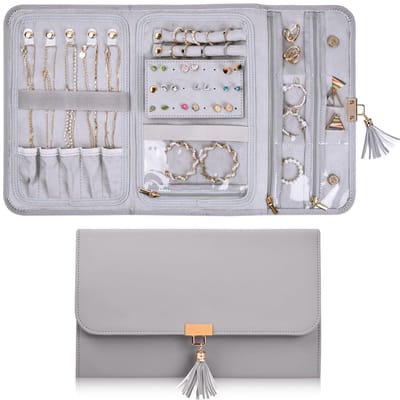 Dailygoody - Sieraden Organizer - Reis Sieraden Opbergzak - Waterdicht Leer - Grijs - Vouwbare Sieraden Rol - Geschikt voor Vrouwen - 28x18cm