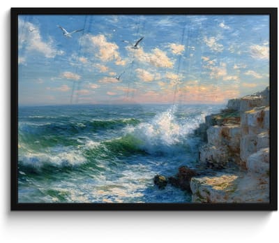 Poster in lijst - Fotolijst 80x60 cm - Posters - Zee - Golven - Rotsen - Meeuwen - Posterlijst zwart - Decoratie - Wanddecoratie woonkamer - Muurdecoratie slaapkamer
