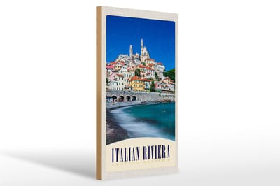 Holzschild Reise 20x30cm Italien Riviera Stadt Strand Wellen