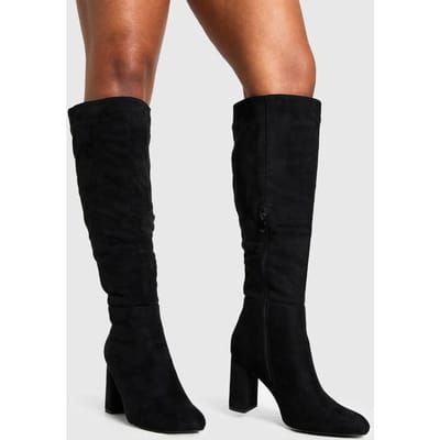 boohoo Dames Brede pasvorm blokhiel kniehoge laarzen | Black | Maat: 3