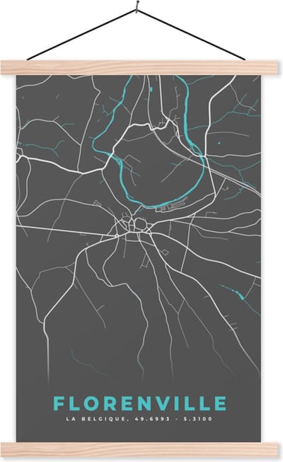 Posterhanger incl. Poster 40x60 cm - Schoolplaat - België – Florenville – Stadskaart – Kaart – Blauw – Plattegrond - Textielposter - Blanke latten - Stadskaart