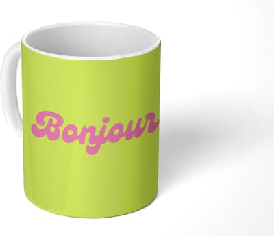 Mok - Koffiemok - Groen - Roze bonjour - Retro - Mokken - 350 ML - Beker - Koffiemokken - Theemok