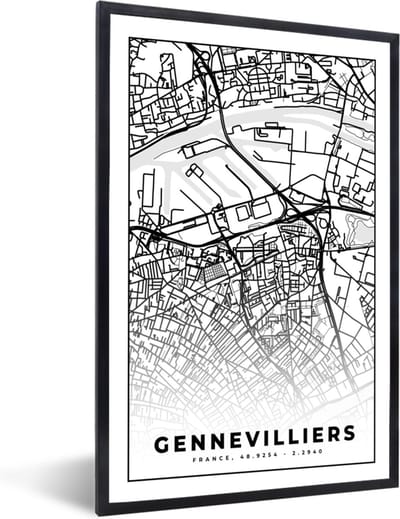 Fotolijst incl. Poster Zwart Wit- Stadskaart - Frankrijk - Kaart - Plattegrond - Gennevilliers - Zwart wit - 40x60 cm - Posterlijst