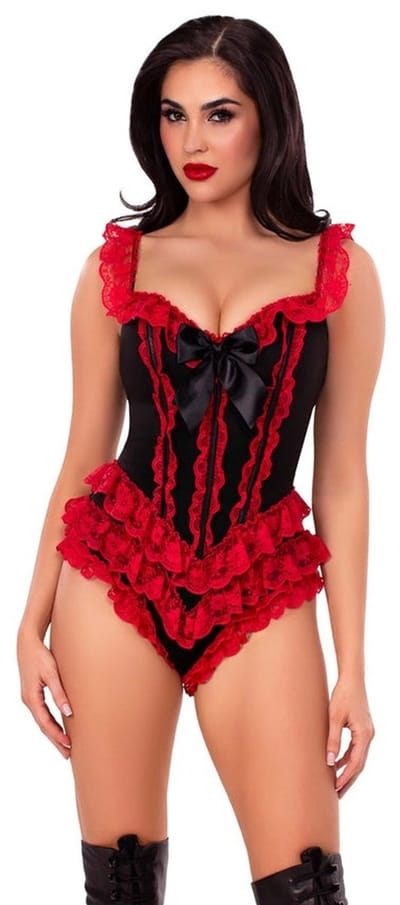 Leg Avenue - Boned Ruffle Bodysuit with Bow Accent Kostuum - S - Zwart/Rood