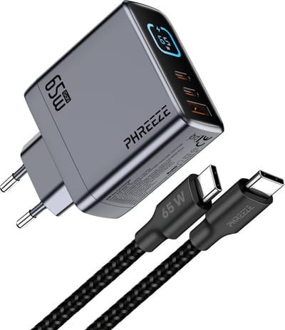 Phreeze 65W Snellader Set 1M - USB C Adapter 65W + USB C naar USB C Kabel Nylon 1 Meter - USB-C Oplader Set voor Smartphone, Tablet & Laptop