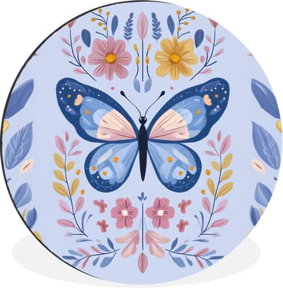 WallCircle - Wandcirkel - Muurcirkel - Vlinder - Lichtblauw - Sierlijk - Bloemen - Aluminium - Dibond - 30x30 cm - Binnen en Buiten