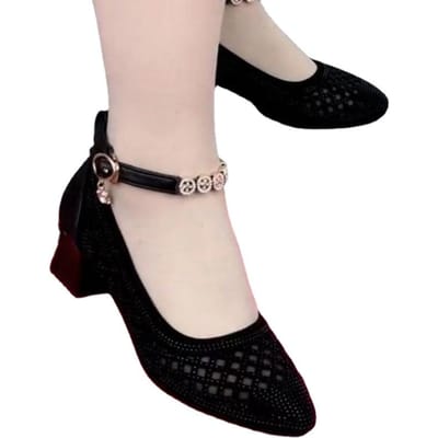 Damesschoenen met enkelbandje en hak Zomer Retro Bling Ademende Enkele Schoenen voor Dames Jurk Kantoor Ondiepe Damespumps 40 zwart