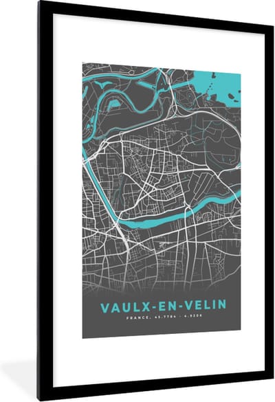 Fotolijst incl. Poster - Vaulx-en-Velin - Frankrijk - Plattegrond - Stadskaart - Kaart - 80x120 cm - Posterlijst