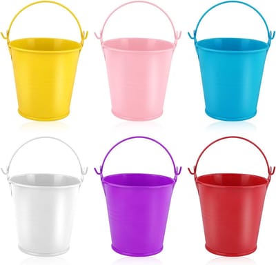 EGoods - Set van 6 Gegalvaniseerde Emmers met Handgrepen voor Kinderen - Feest- en Festivaldecoratie van 8 cm, Inhoud 200 ml