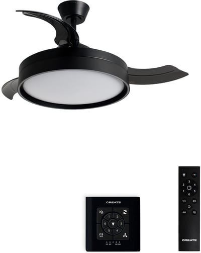 CREATE - Stille plafondventilator 40W (Ø107cm) met intrekbare bladen en LED-licht - Controller voor wandmontage + Afstandsbediening - WIND CLEAR EDGE