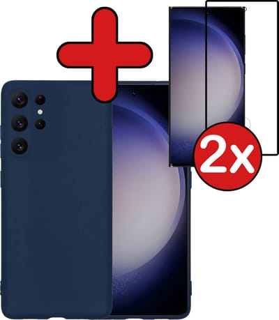 Hoesje - Met 2x Screenprotector - Geschikt voor Samsung Galaxy S23 Ultra - Sterk & Shockproof - Telefoon Hoes - Back Cover - Siliconen Case - Telefoonhoes - Donkerblauw