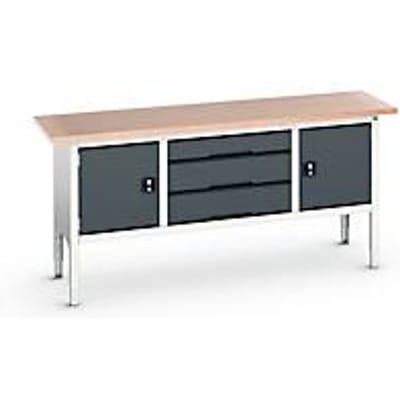 Bott verso box-type werkbank, met multiplex blad, 3 laden & 2 deuren, B 2000 x D 600 x H 830 - 930 mm, lichtgrijs RAL 7035 / antracietgrijs RAL 7016