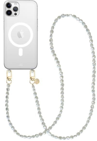xoxo Wildhearts magnetisch hoesje geschikt voor iPhone 12 Pro Max MagSafe - Pearlfection - Transparant telefoonhoesje met koord - Telefoonkoord met parels - Parelketting - Lang koord