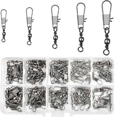 125 Stuks Vissen Swivels - Rvs Carabiner en Vissen Lures - Perfect voor Forel en Zeevissen - Diverse Maten 7# 8# 10# 12# 14#