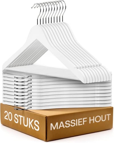 Famanu - Set van 20 witte houten kleerhangers met broekstang en draaibare haak – Wit