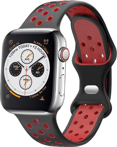 Strap-it Classic Sportbandje - Geschikt voor Apple Watch bandje -Series 1/2/3/4/5/6/7/8/9/10/11/SE/SE2/SE3/Ultra (2/3) - Zwart/Rood - Siliconen bandje sport - Sport Loop iWatch bandje maat: 44mm / 45mm / 46mm / 49mm