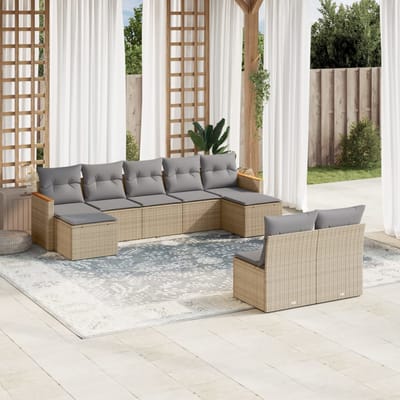 vidaXL - 9-delige - Loungeset - met - kussens - poly - rattan - gemengd - beige