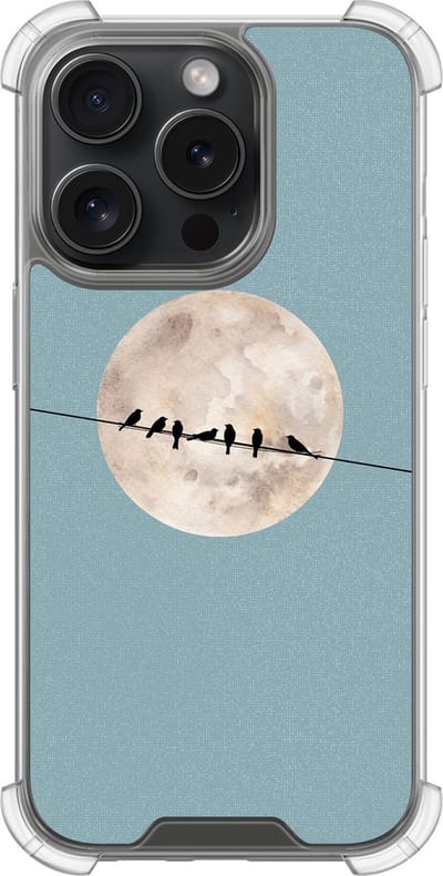 Shockproof hoesje - Geschikt voor iPhone 15 Pro - Moon birds - Extra sterke case - TPU/polycarbonaat - Print / Illustratie - Blauw, Transparant