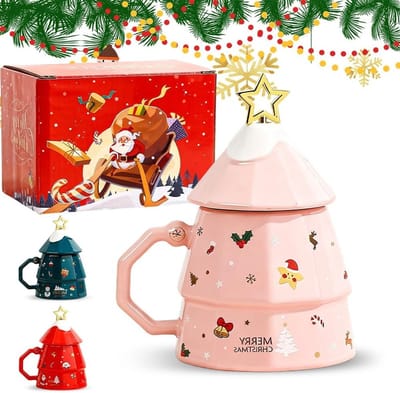 Leuke Kerstboom Koffiemok met Deksel en Roerstaafje, 350ml, Ideaal voor Winterse Dranken en Kerstcadeaus voor Vrouwen