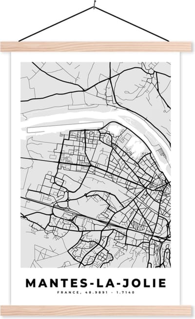 Posterhanger incl. Poster 40x60 cm - Schoolplaat - Mantes-la-Jolie – Plattegrond – Frankrijk – Kaart – Stadskaart - Textielposter - Blanke latten - Stadskaart
