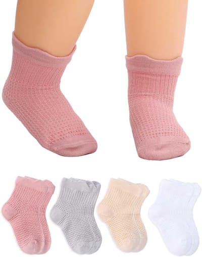4 Paar Dunne Katoenen Sokken voor Peuters - Zomer Baby Meisjes Crew Net Sokken voor 6-12 Maanden, Wit, Ademend, Comfortabel