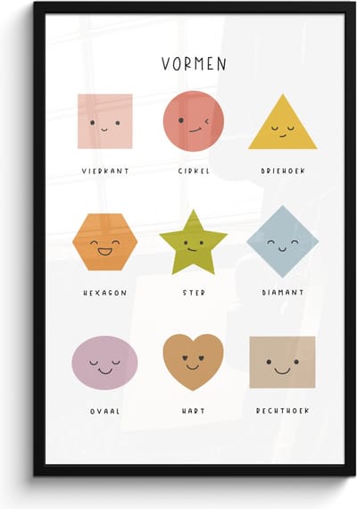 Poster in lijst - Fotolijst 60x90 cm - Posters - Vormen - Leren voor kinderen - Educatief - Kleuren - Posterlijst zwart - Kamer decoratie - Wanddecoratie kinderkamer - Muurdecoratie babykamer