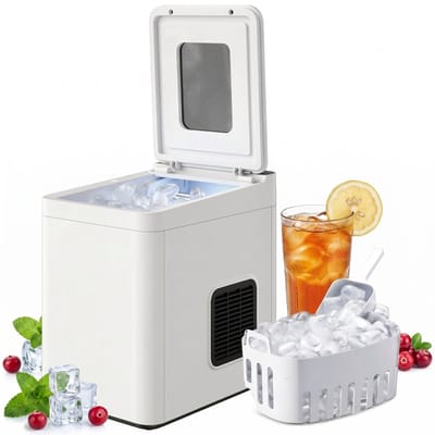 ECTEATOY® Zelfreinigende IJsblokjesmachine - Snel ijs - Stil - 1,5L watertank - 2 ijsformaten - Inclusief schep en mandje voor keuken camper kantoor - Wit