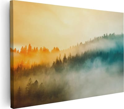 Artaza Canvas Schilderij Mistig Bos - 30x20 cm - Klein - Wanddecoratie Natuur - Muurdecoratie Zonsopgang - Schilderijen Op Canvas