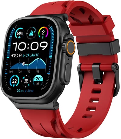 Stravo Siliconen Sportbandje – Sportief Racing Design – Geschikt voor Apple Watch 49mm (Ultra 1/2/3), 46mm (Series 10/11), 45mm (Series 7/8/9), 44mm (Series 4/5/6, SE 1/2/3) – Zacht & Comfortabel – Rood