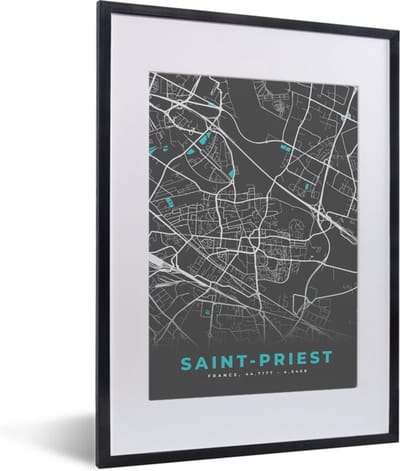 Fotolijst incl. Poster - Saint-Priest - Stadskaart - Kaart - Plattegrond - Frankrijk - 30x40 cm - Posterlijst